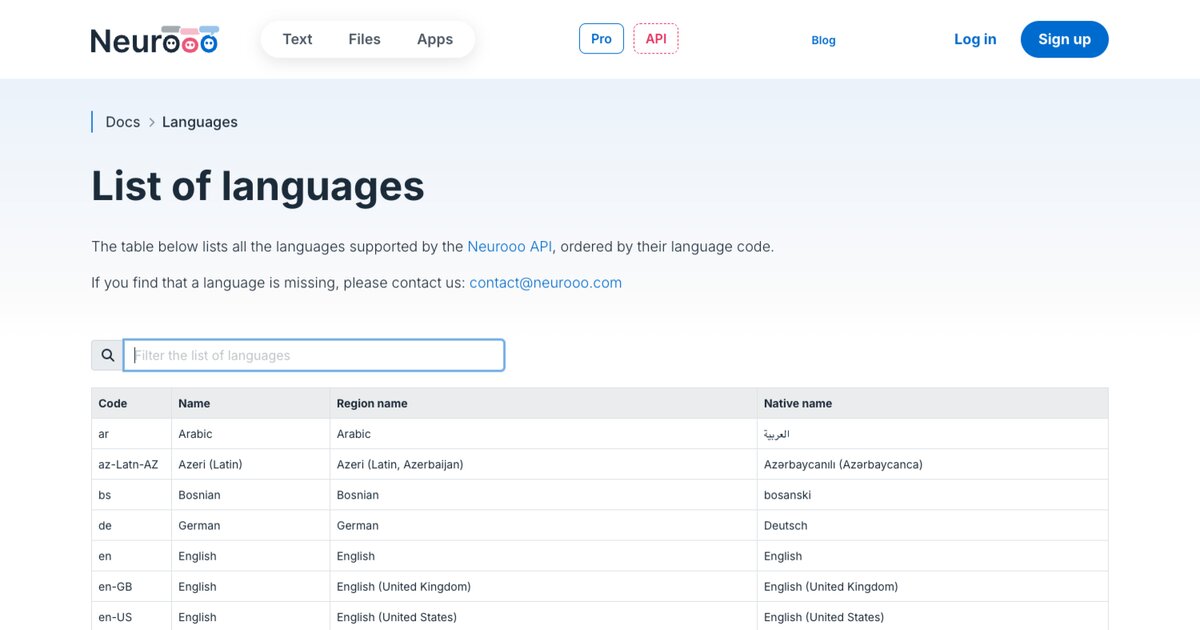 List of languages for the API